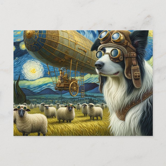 Steampunk Border Collie With Sheep  Postcard (Front)