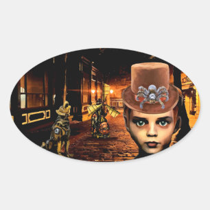Steampunk Boy And Robot Dog sci fi fantasy art Oval Sticker