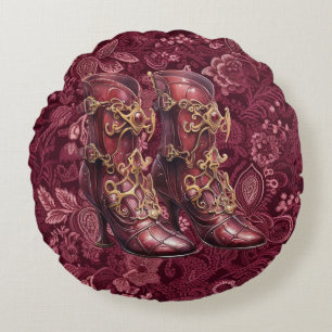 Steampunk Burgundy Floral High Heel Round Pillow