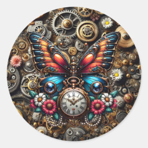 Steampunk Butterfly and Pockletwatch Classic Round Sticker