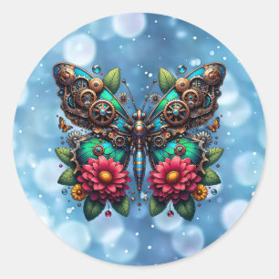 Steampunk Butterfly with Gears and Flowers Classic Round Sticker
