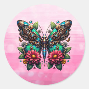 Steampunk Butterfly with Gears and Flowers Classic Round Sticker