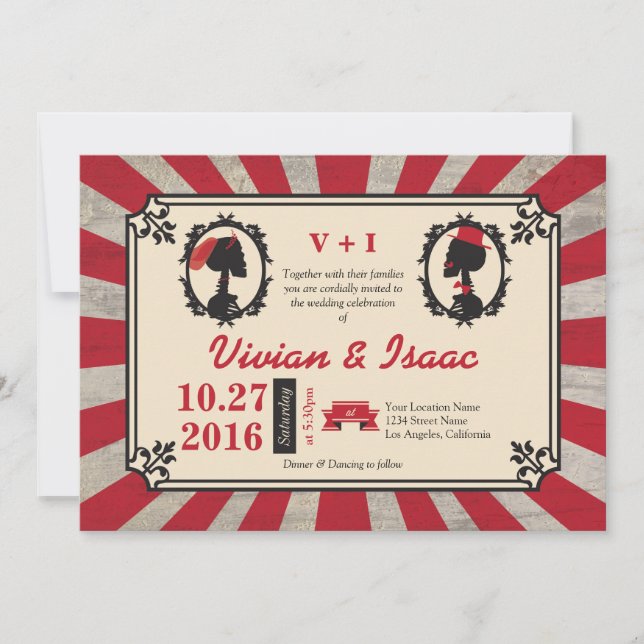 Steampunk Cameo Couple Offbeat Red Invitations (Front)
