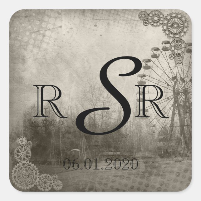 Steampunk Carnival Top Hat Wedding Monogram Square Sticker (Front)