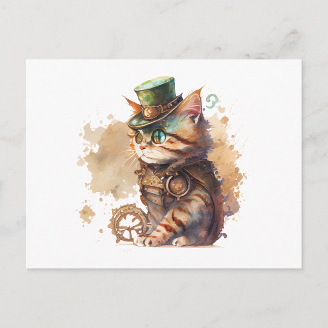 Steampunk Cat Adorable and Cute Postcard (Front)
