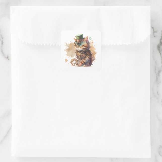 Steampunk Cat Adorable and Cute Square Sticker (Bag)
