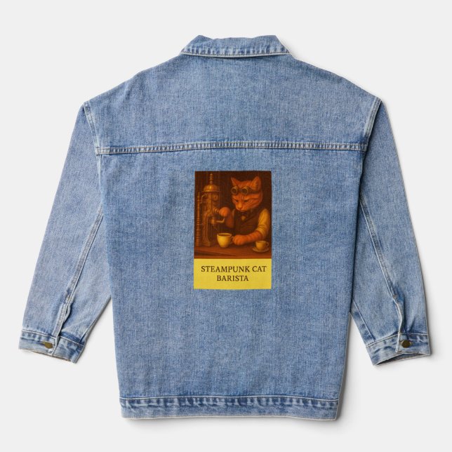 Steampunk Cat Barista Denim Jacket (Back)