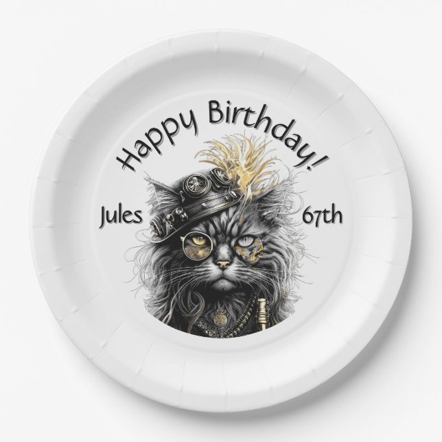 Steampunk Cat Birthday with Name n Age Paper Plate (Front)