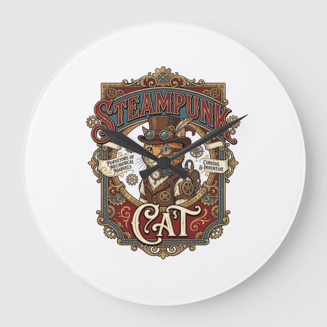 Steampunk Cat Cat Steampunk Vintage Large Clock (Front)