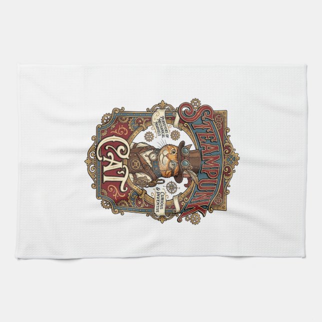 Steampunk Cat Cat Steampunk Vintage Tea Towel (Horizontal)