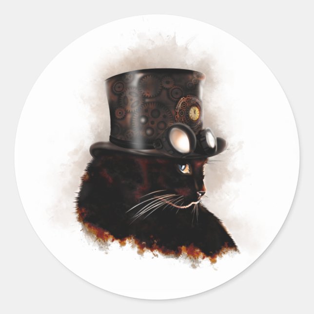 Steampunk cat classic round sticker (Front)