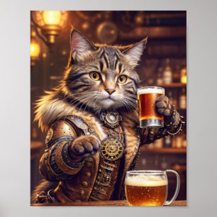 Steampunk cat drinking beer in a pub - poster