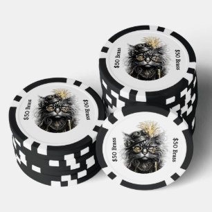 Steampunk Cat Gambles with Brass FUN Poker Chips