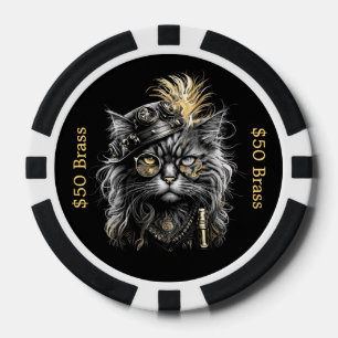 Steampunk Cat Gambles with Brass FUN Poker Chips