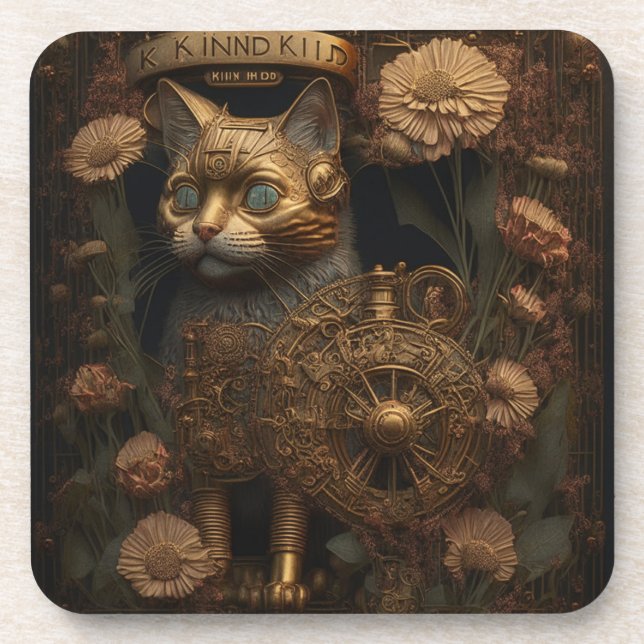 Steampunk Cat Gothic Digital Art Coaster (Front)