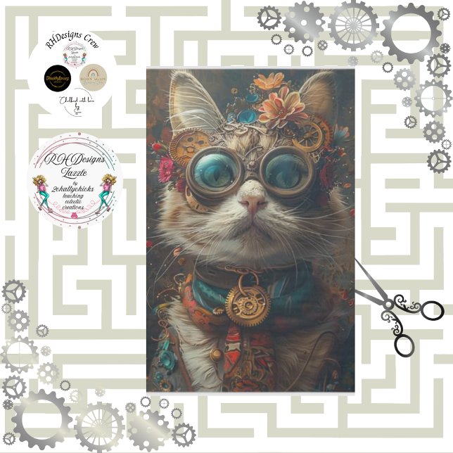 Steampunk Cat Guardian Teal Orange Decoupage  Tissue Paper (Creator Uploaded)
