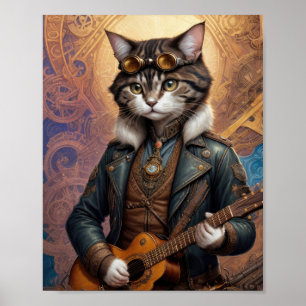 Steampunk cat in leather jacket, playing guitar -  poster