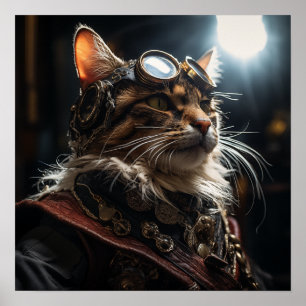 Steampunk Cat in Uniform Retro Poster