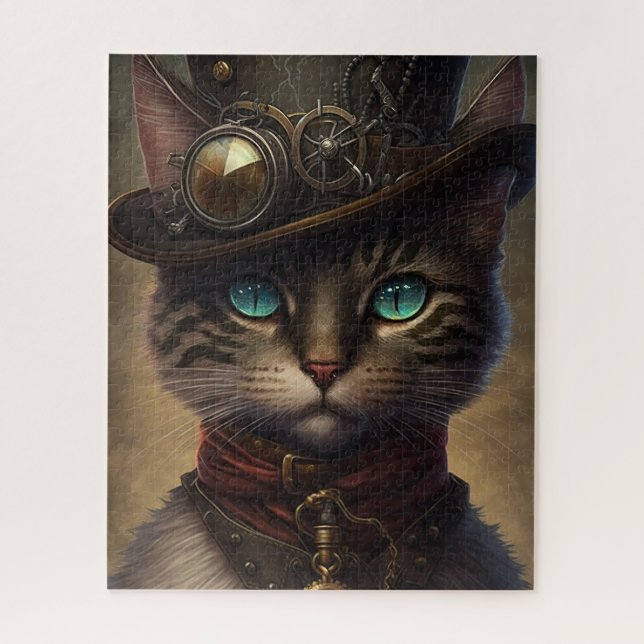 Steampunk Cat Jigsaw Puzzle, Retrofuturistic Cat  Jigsaw Puzzle (Vertical)