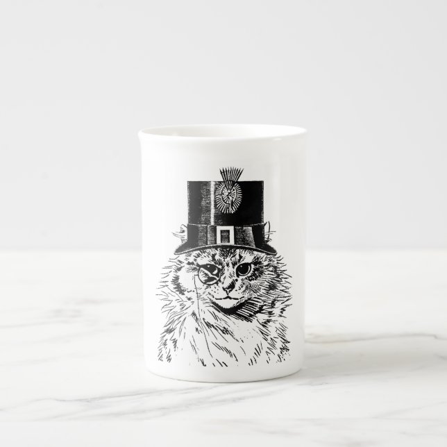 Steampunk Cat Mug, Kitty in Top Hat Bone China Mug (Front)