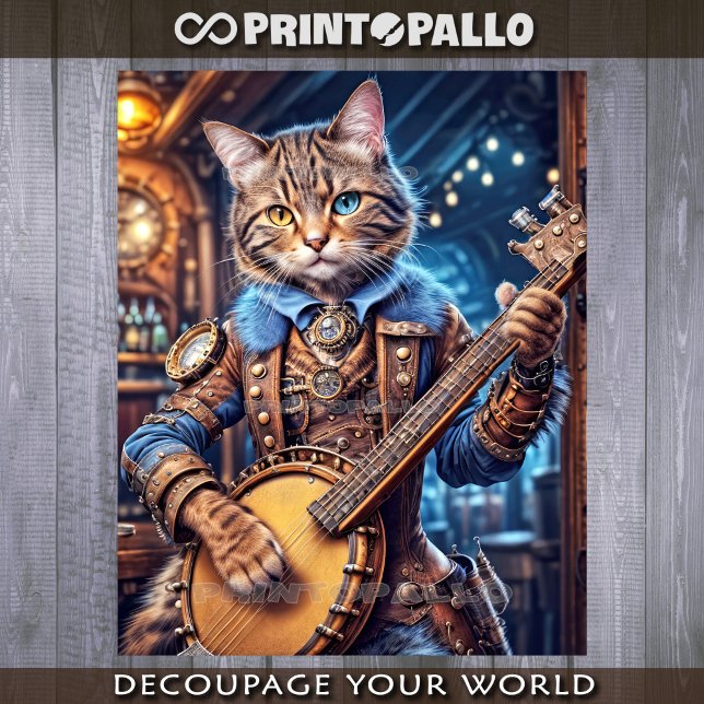 Steampunk cat playing banjo in blue pub -  tissue paper (Creator Uploaded)