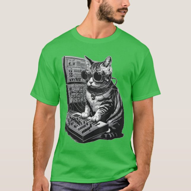 Steampunk Cat playing Synthesizer Synth Kittenechn T-Shirt (Front)