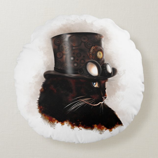 Steampunk cat round cushion (Front)