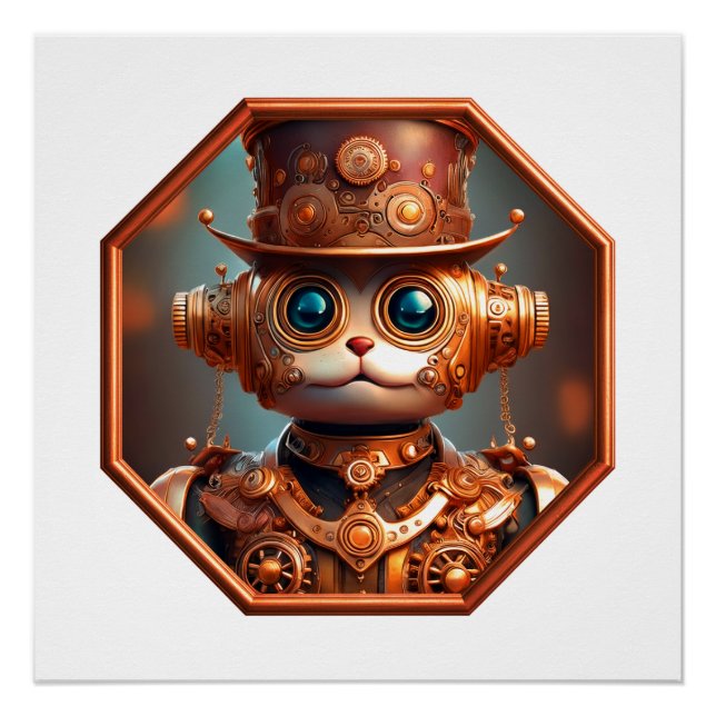 Steampunk Cat Soldier In 8 Sided Bronze Frame Poster (Front)