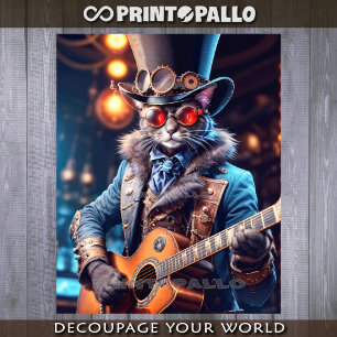 Steampunk cat: top hat, goggle, guitar - Decoupage Wrapping Paper Sheet