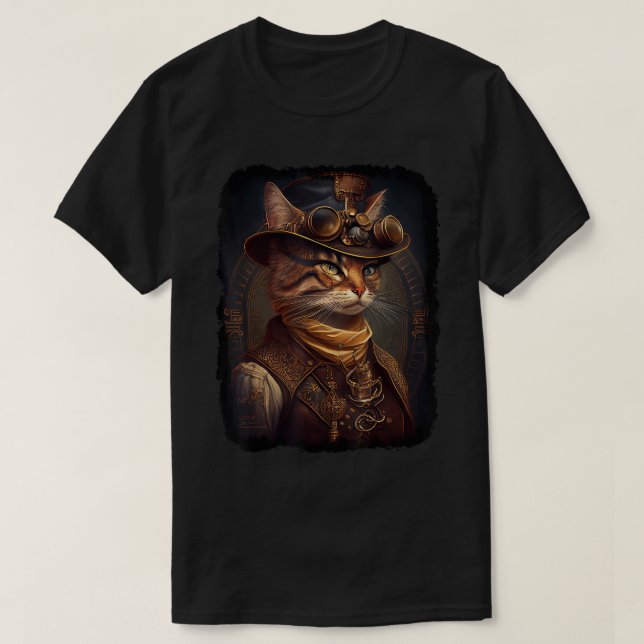 Steampunk Cat, Victorian Style Portrait, Sci Fi Ca T-Shirt (Design Front)