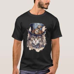 Steampunk Cat With Hat Graphic Design Cat Fantasy T-Shirt