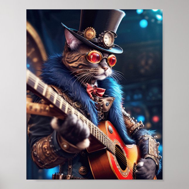 Steampunk cat with top hat and goggles, guitarist  poster (Front)