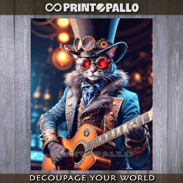Steampunk cat with top hat & goggle playing guitar wrapping paper sheet