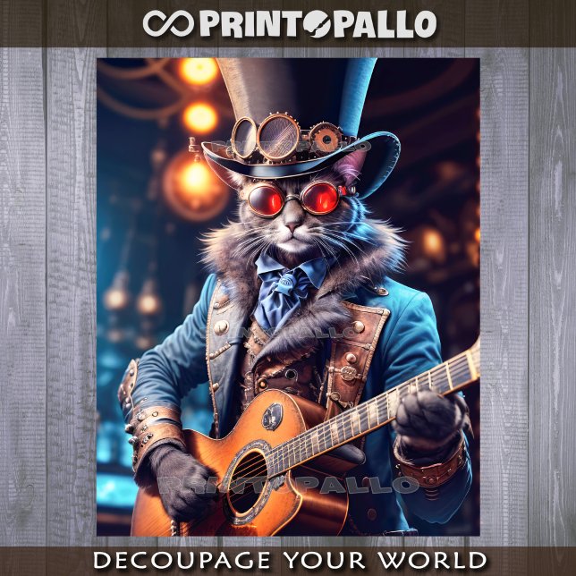 Steampunk cat with top hat & goggle playing guitar wrapping paper sheet (Creator Uploaded)