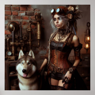 Steampunk Cave Girl - Pet Wolf 05 Poster