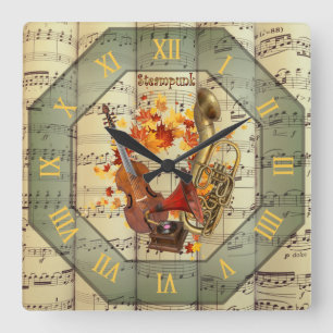 Steampunk~Cello~Edison Phonograph~Bass Saxhorn ~ Square Wall Clock
