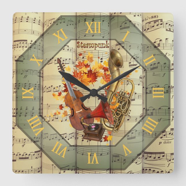 Steampunk~Cello~Edison Phonograph~Bass Saxhorn ~ Square Wall Clock (Front)