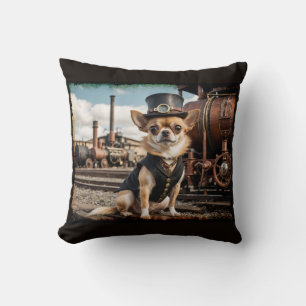 Steampunk Chihuahua and Train Cushion