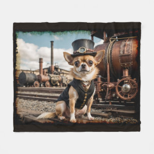 Steampunk Chihuahua and Train Fleece Blanket
