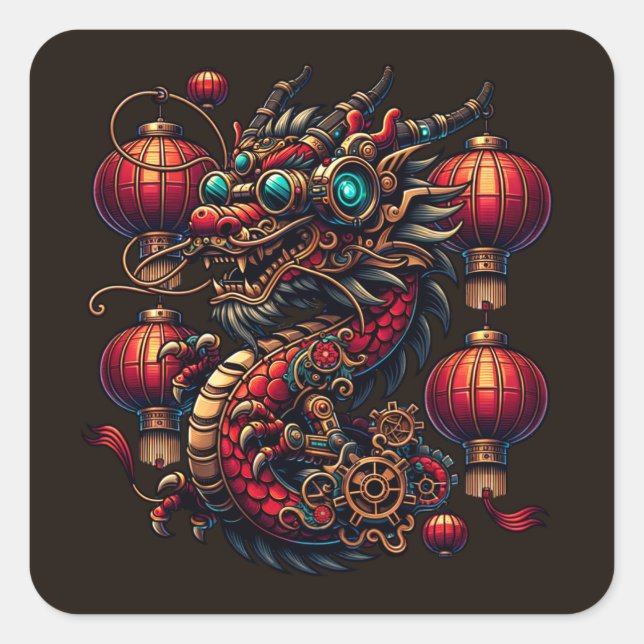 Steampunk Chinese New Year Dragon Square Sticker (Front)