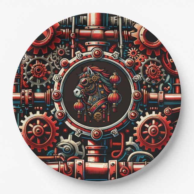 Steampunk Chinese New Year Horse Paper Plate (Front)