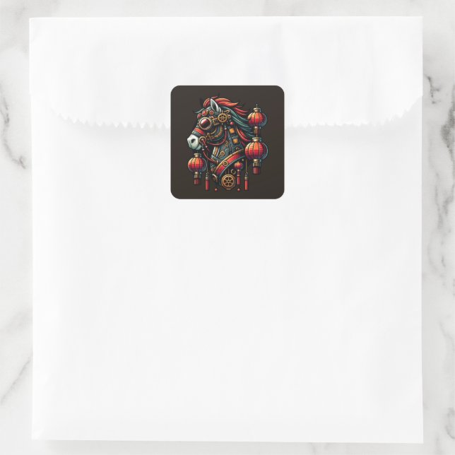 Steampunk Chinese New Year Horse Square Sticker (Bag)