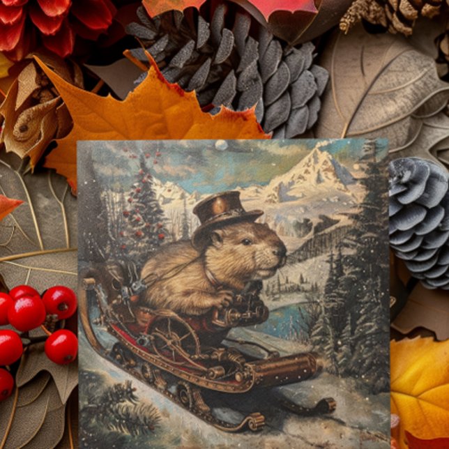 Steampunk Christmas Beaver customisable Holiday Card (Creator Uploaded)