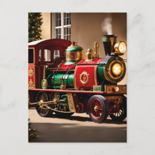steampunk christmas train postcard