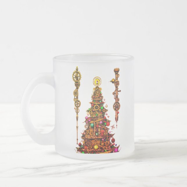Steampunk Christmas Tree Frosted Glass Coffee Mug (Left)