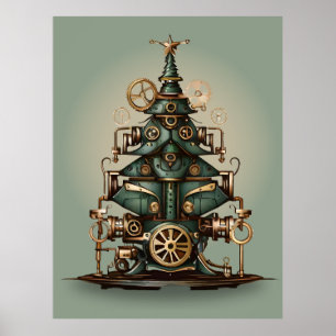 Steampunk Christmas Tree Vintage Retro Style Poster