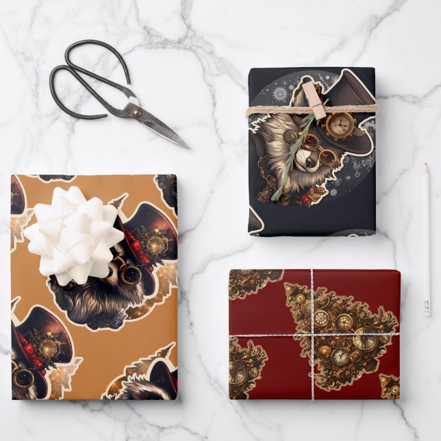 Steampunk Christmas Tree Wolf Racoon 3 apatterns Wrapping Paper Sheet (Front)