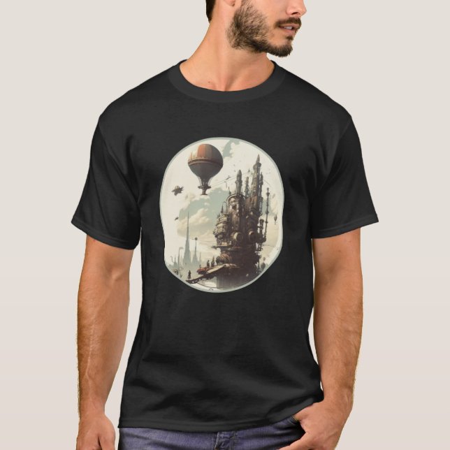 Steampunk City District Retro Scifi Mechanical Gea T-Shirt (Front)