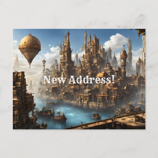 Steampunk City with Balloon New Address Postcard (Front)