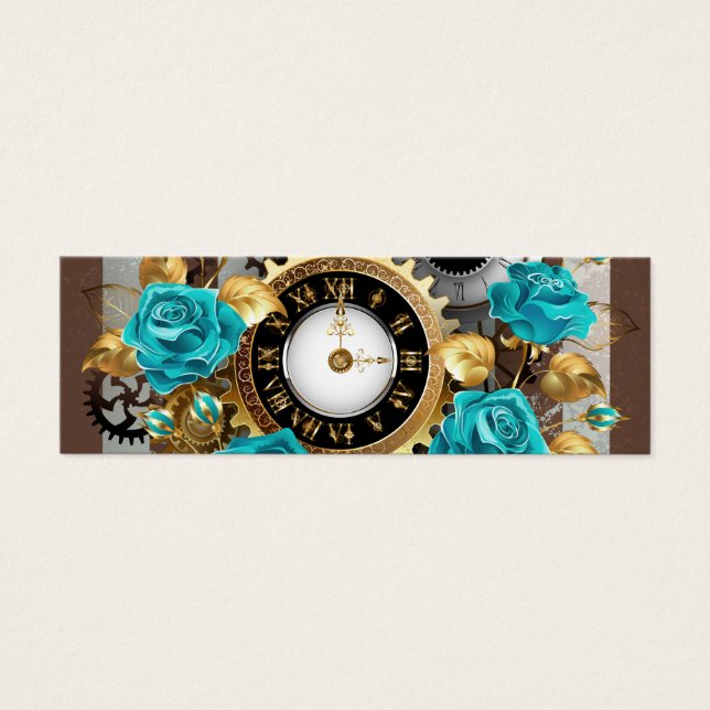 Steampunk Clock and Turquoise Roses on Striped (Front)